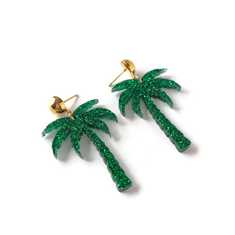 Green Glitter Palm Tree Dangle Earrings