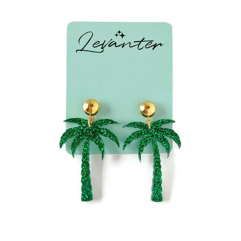 Green Glitter Palm Tree Dangle Earrings