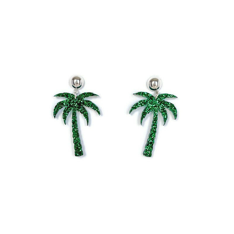 Green Glitter Palm Tree Dangle Earrings