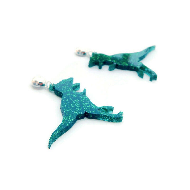 Green Glitter T-Rex Dinosaur Earrings