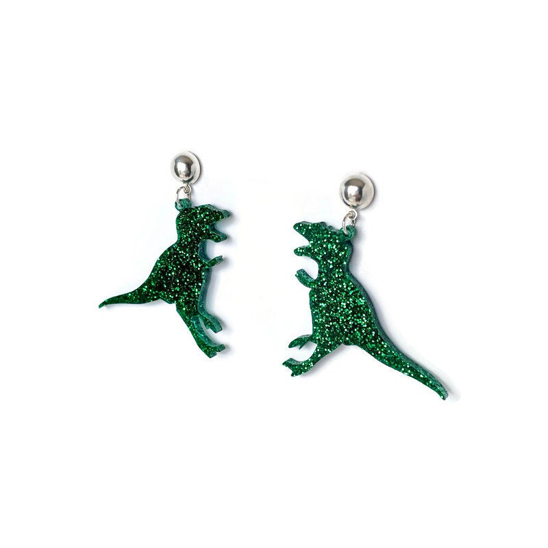 Green Glitter T-Rex Dinosaur Earrings