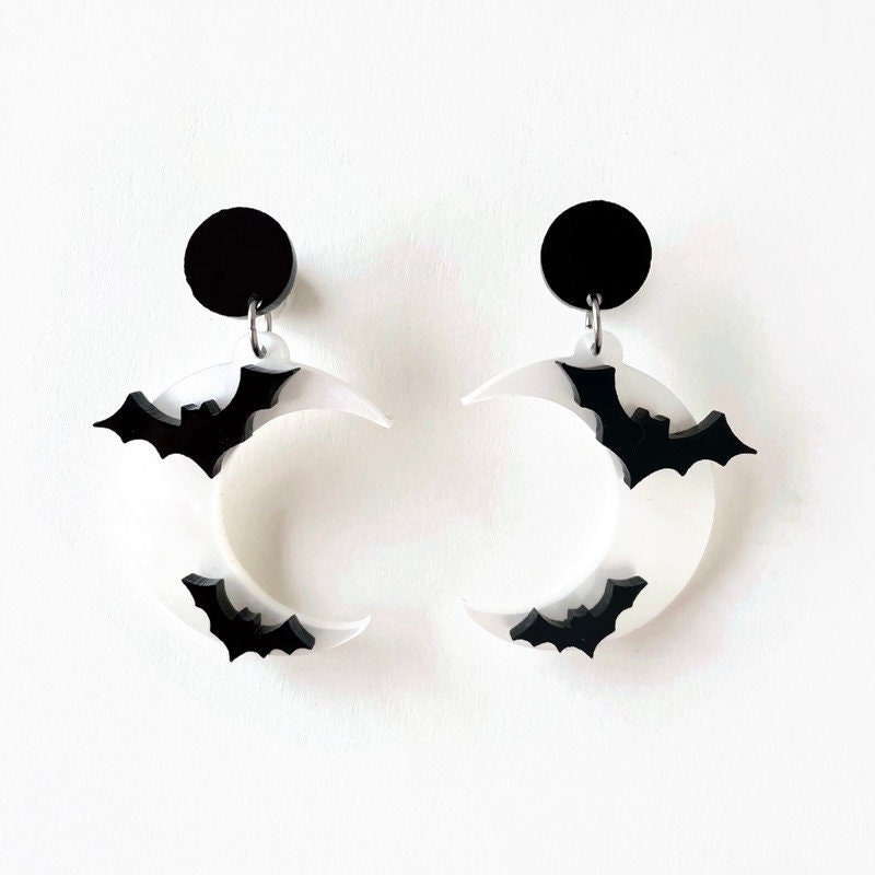 Halloween Moon and Bat Earrings