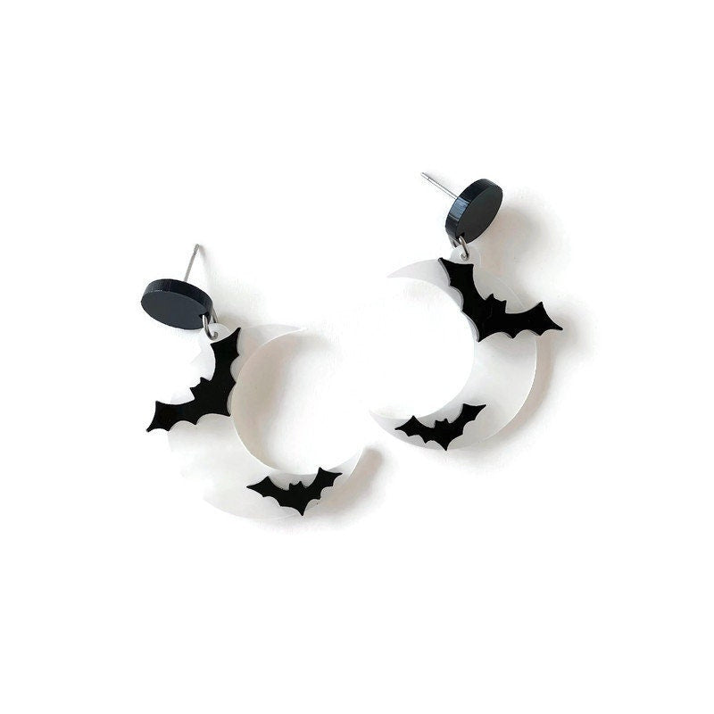 Halloween Moon and Bat Earrings