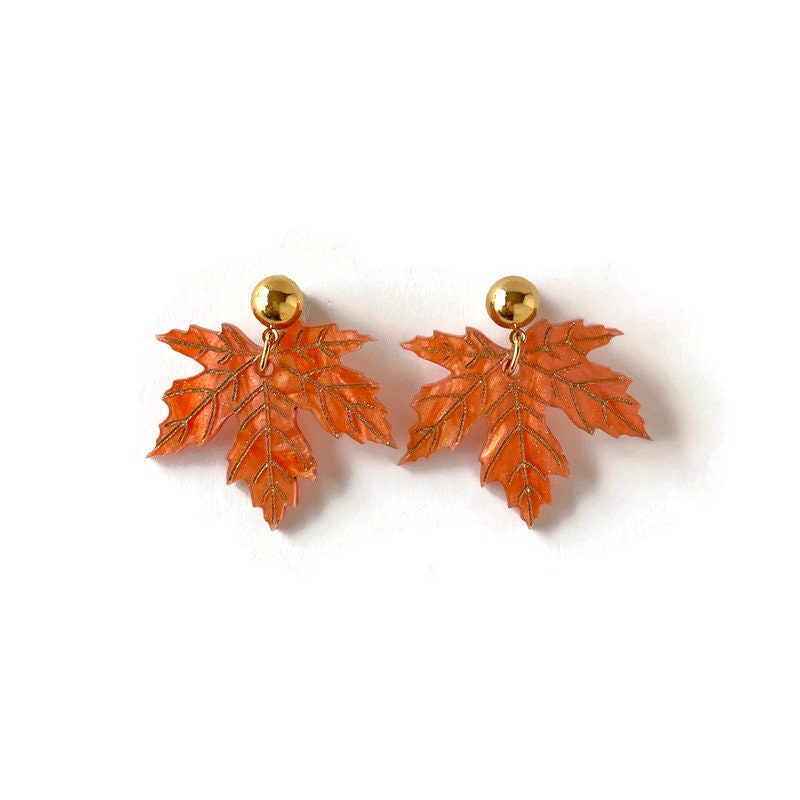 Orange Marble Fall Maple Leaf Dangle Earrings