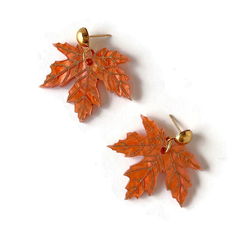 Orange Marble Fall Maple Leaf Dangle Earrings