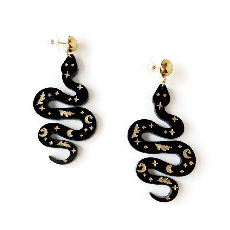 Witchy Black and Gold Snake Earrings