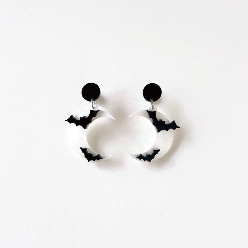 Halloween Moon and Bat Earrings