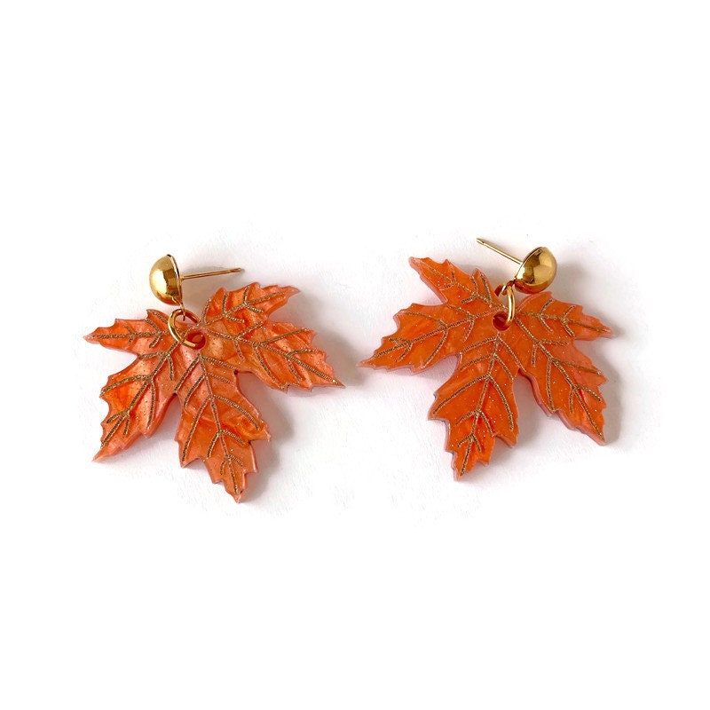 Orange Marble Fall Maple Leaf Dangle Earrings