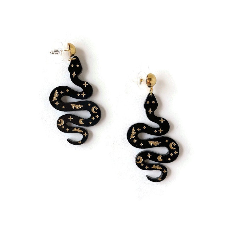 Witchy Black and Gold Snake Earrings