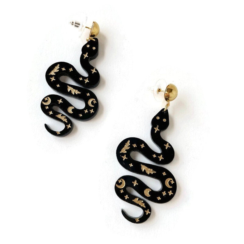 Witchy Black and Gold Snake Earrings