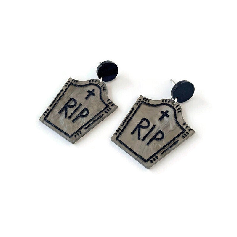 Gray and Black Halloween Gravestone Earrings