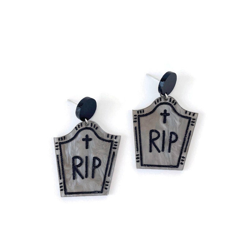 Gray and Black Halloween Gravestone Earrings