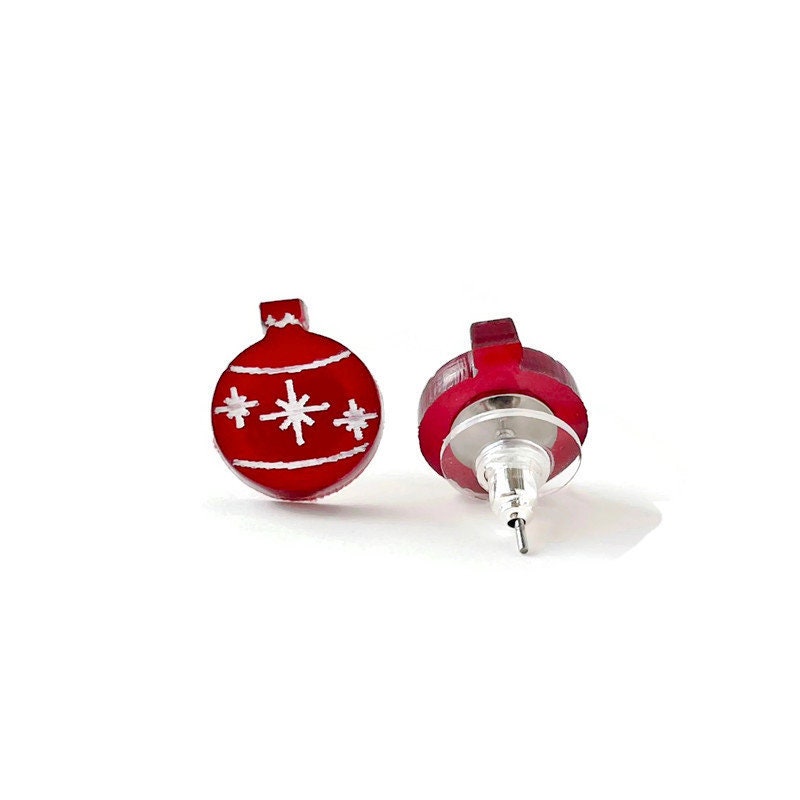 Red Christmas Ornament Stud Earrings