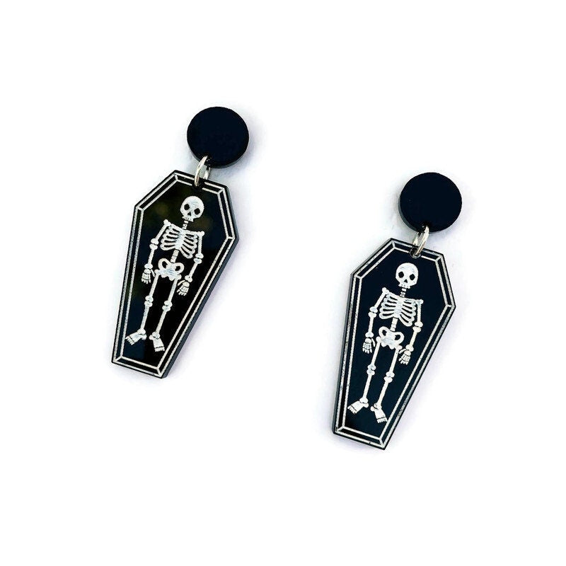 Black and White Skeleton and Coffin Earrings