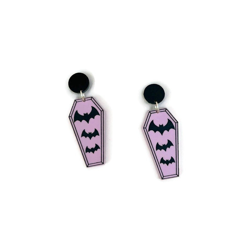 Purple and Black Bat and Coffin Earrings