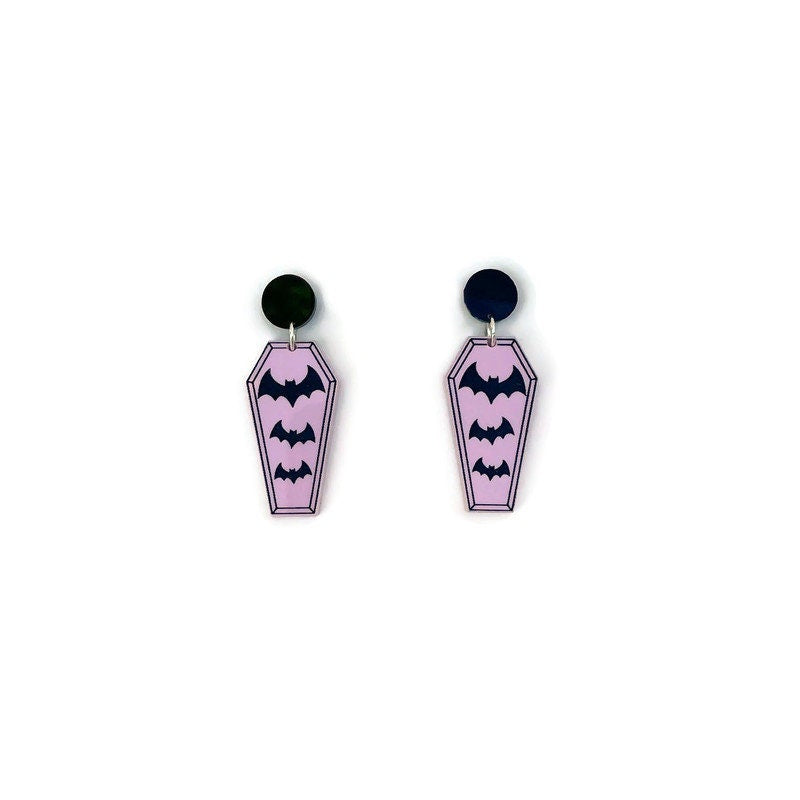 Purple and Black Bat and Coffin Earrings