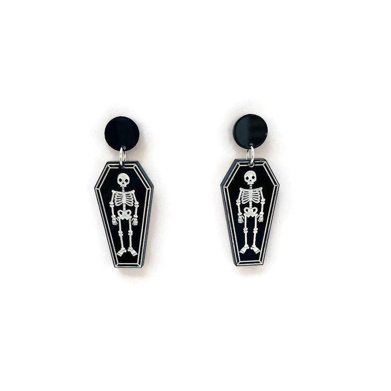 Black and White Skeleton and Coffin Earrings