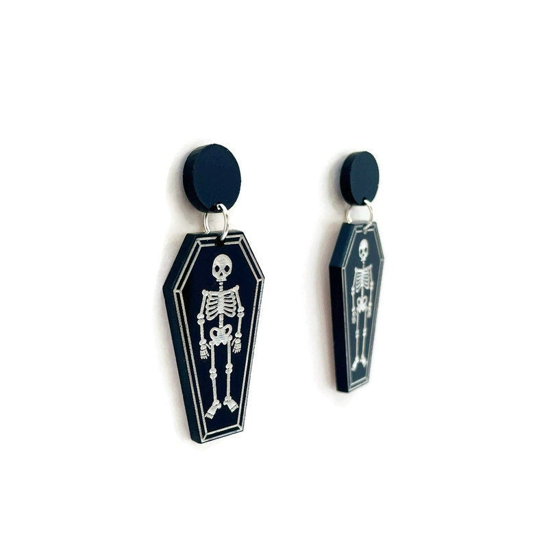 Black and White Skeleton and Coffin Earrings