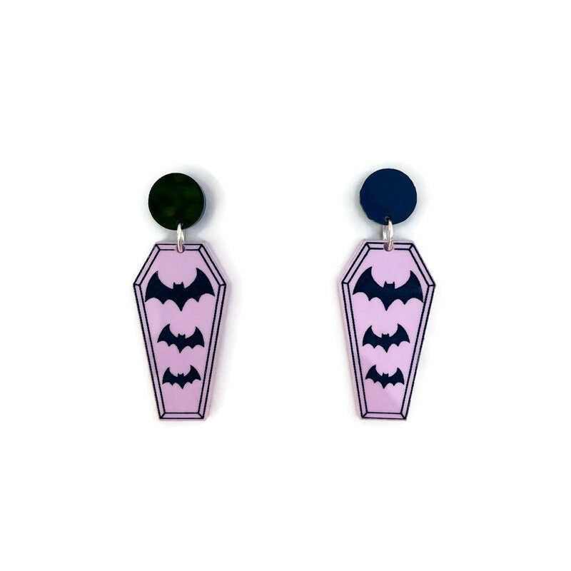 Purple and Black Bat and Coffin Earrings