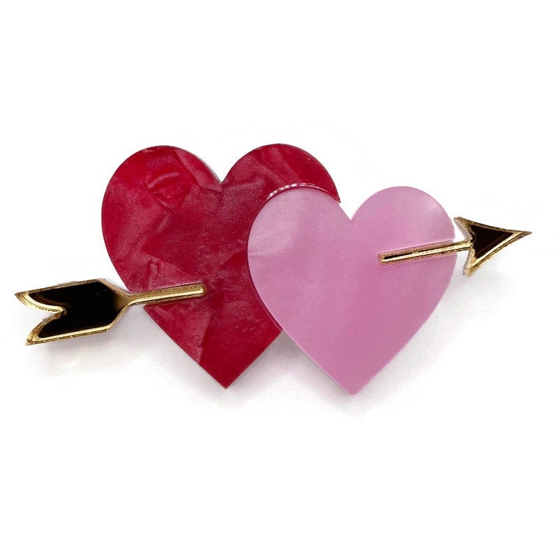 Pink and Red Hearts and Arrow Brooch