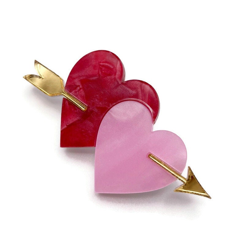 Pink and Red Hearts and Arrow Brooch