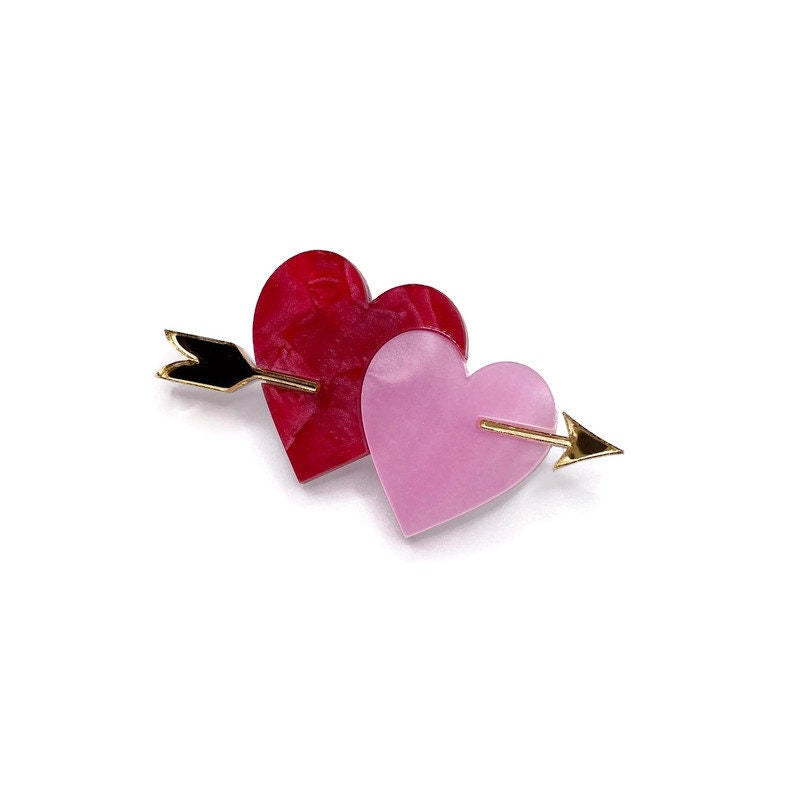 Pink and Red Hearts and Arrow Brooch