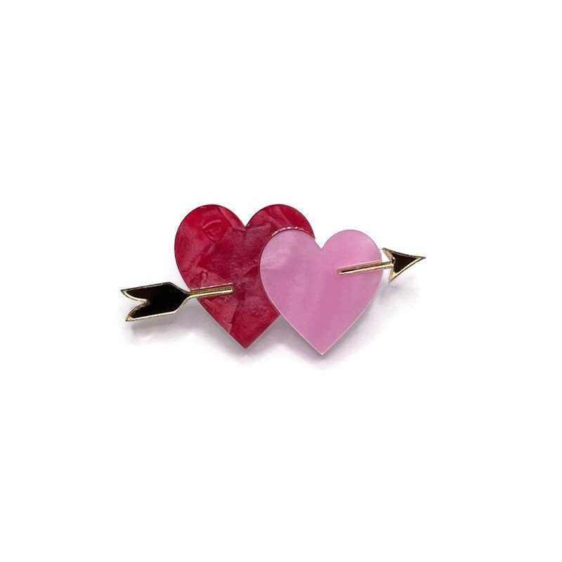 Pink and Red Hearts and Arrow Brooch