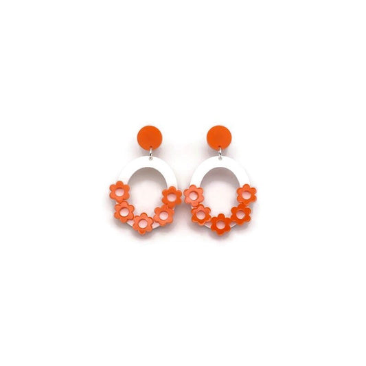 Orange and White Floral Oval Hoop Dangle Earrings