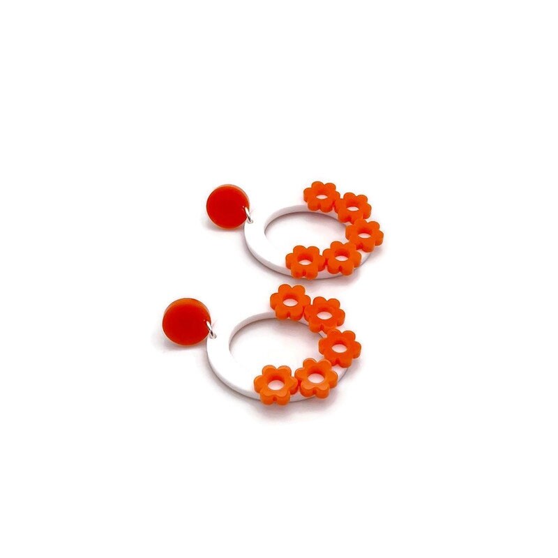 Orange and White Floral Oval Hoop Dangle Earrings