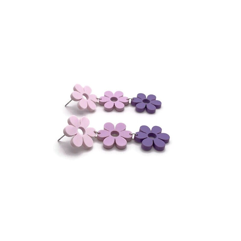 Retro Stacked Pink and Purple Daisy Dangles