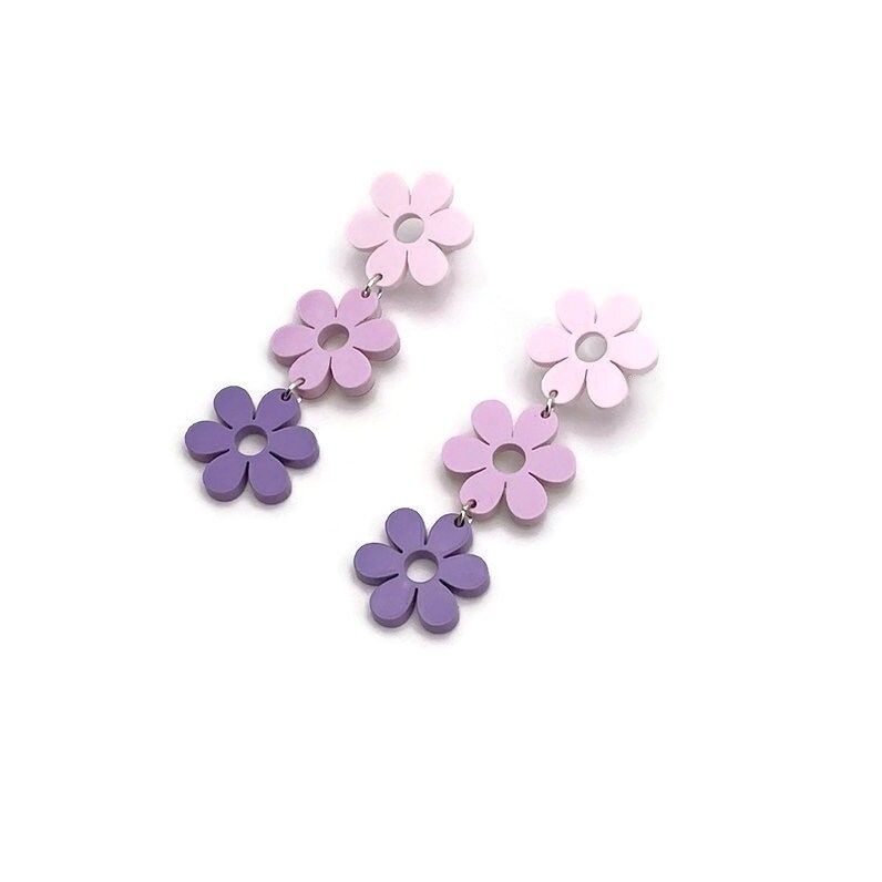 Retro Stacked Pink and Purple Daisy Dangles