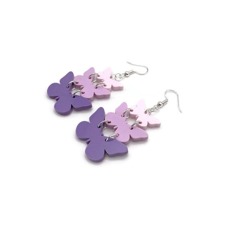 Stacked Pink and Purple Butterfly Dangle Earrings