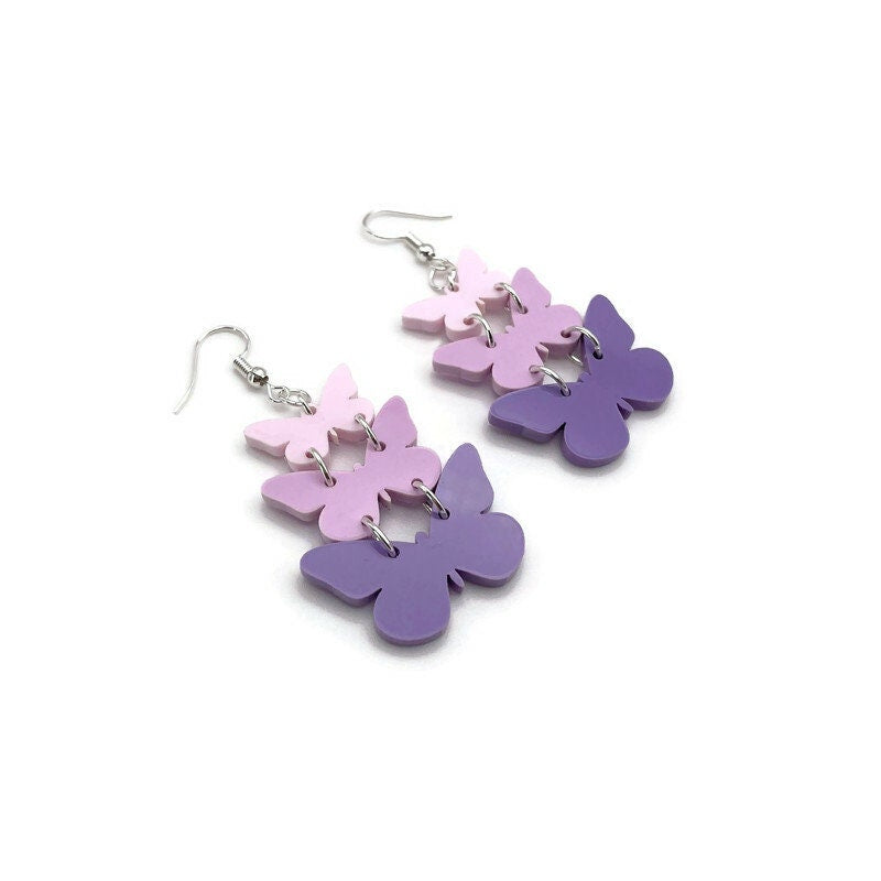 Stacked Pink and Purple Butterfly Dangle Earrings