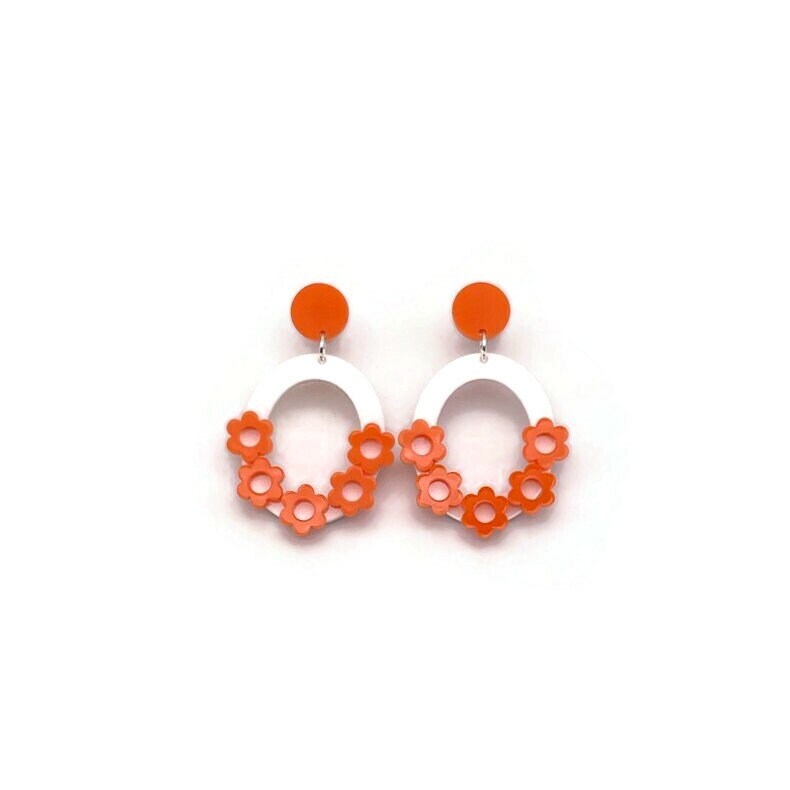 Orange and White Floral Oval Hoop Dangle Earrings