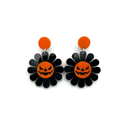 Orange and Black Jack O Lantern Daisy Earrings