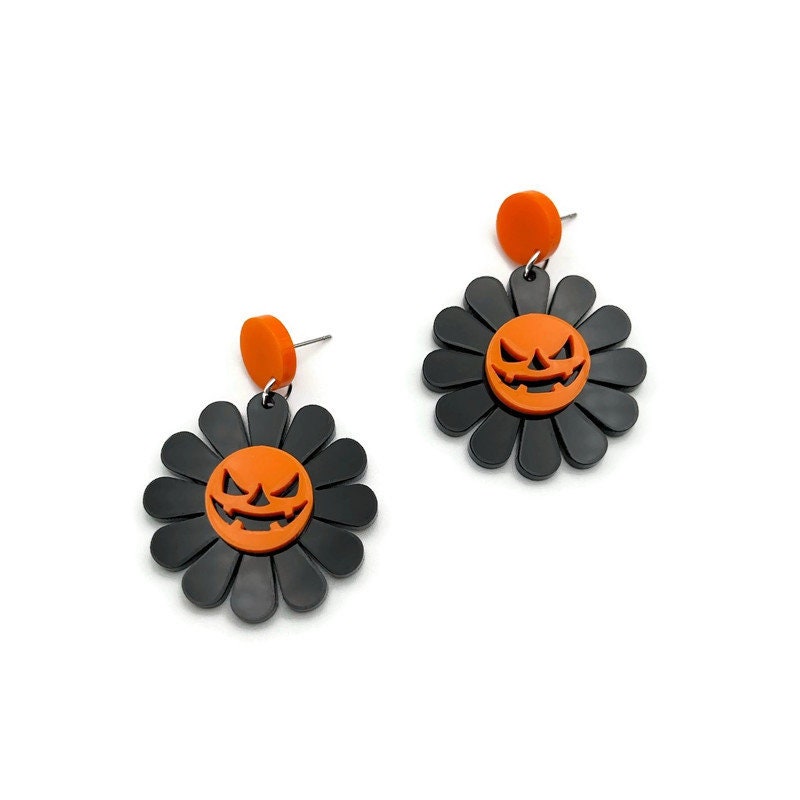 Orange and Black Jack O Lantern Daisy Earrings