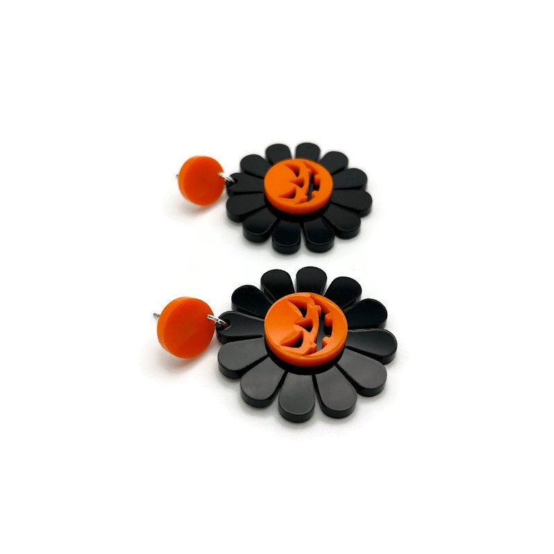 Orange and Black Jack O Lantern Daisy Earrings