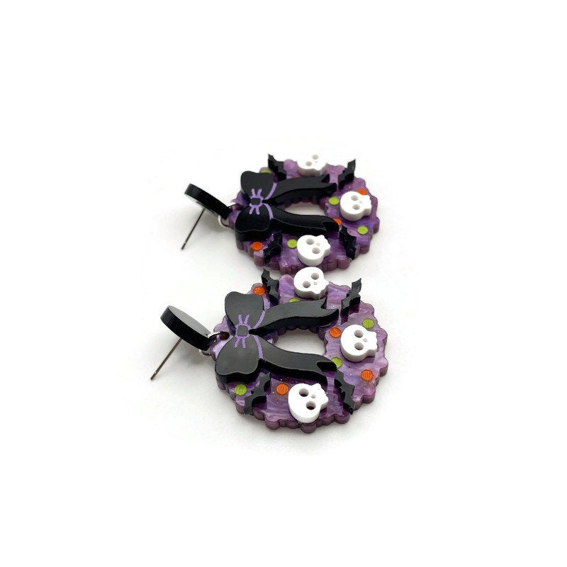 Purple and Black Halloween Wreath Earrings with Bats and Skulls