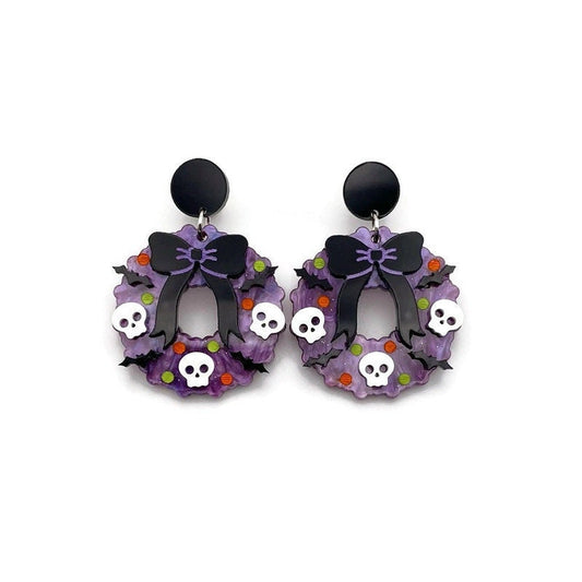 Purple and Black Halloween Wreath Earrings with Bats and Skulls