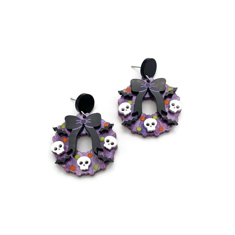 Purple and Black Halloween Wreath Earrings with Bats and Skulls