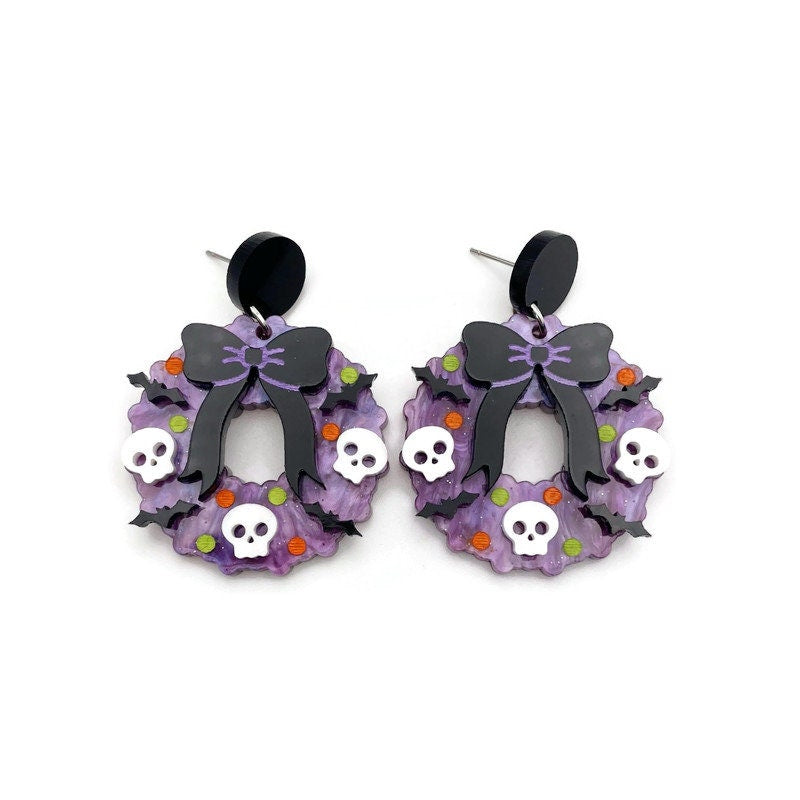 Purple and Black Halloween Wreath Earrings with Bats and Skulls