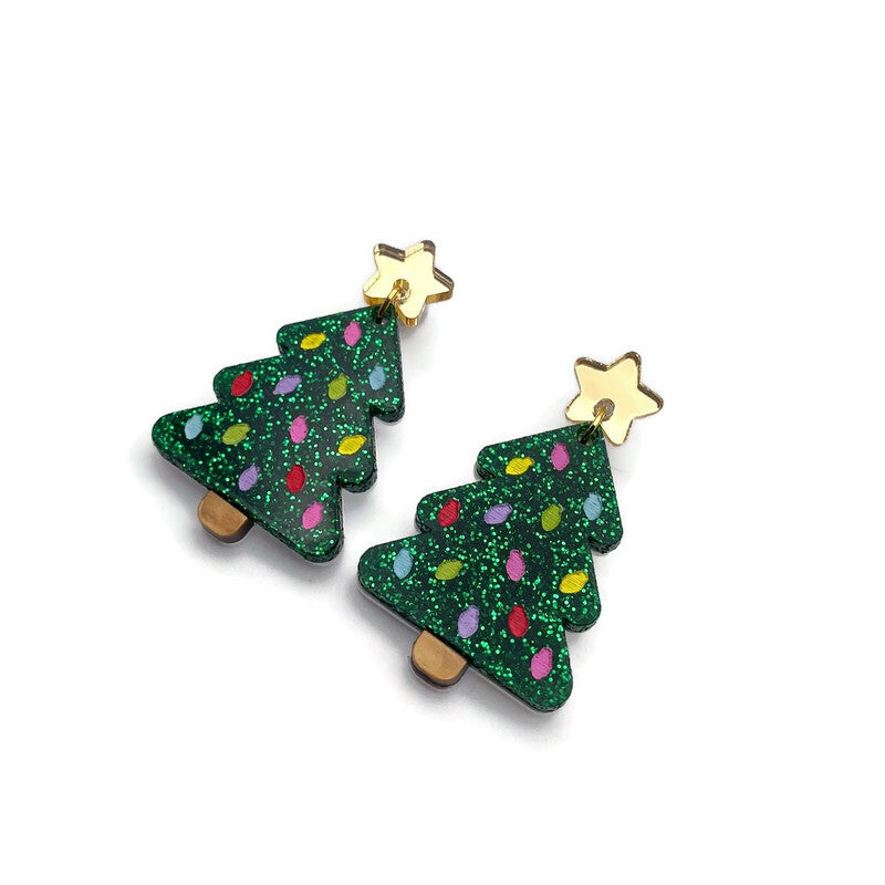 Green Glitter Christmas Tree Dangle Earrings