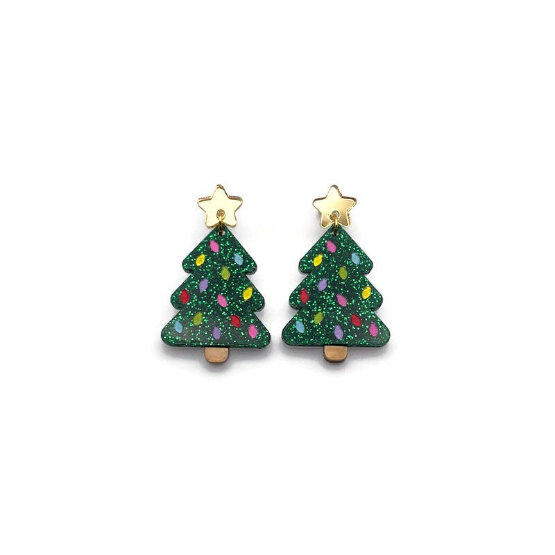 Green Glitter Christmas Tree Dangle Earrings