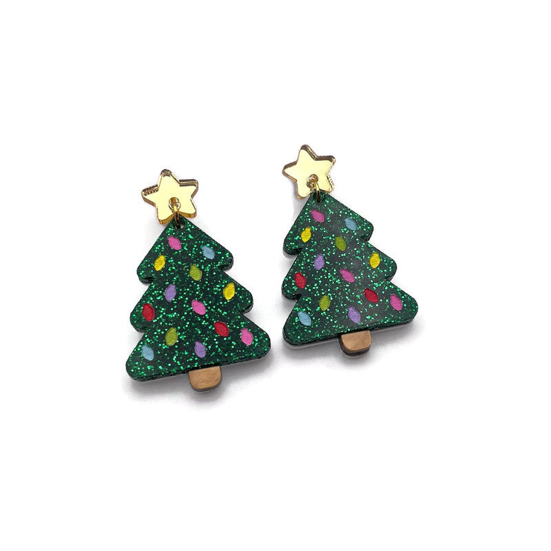 Green Glitter Christmas Tree Dangle Earrings