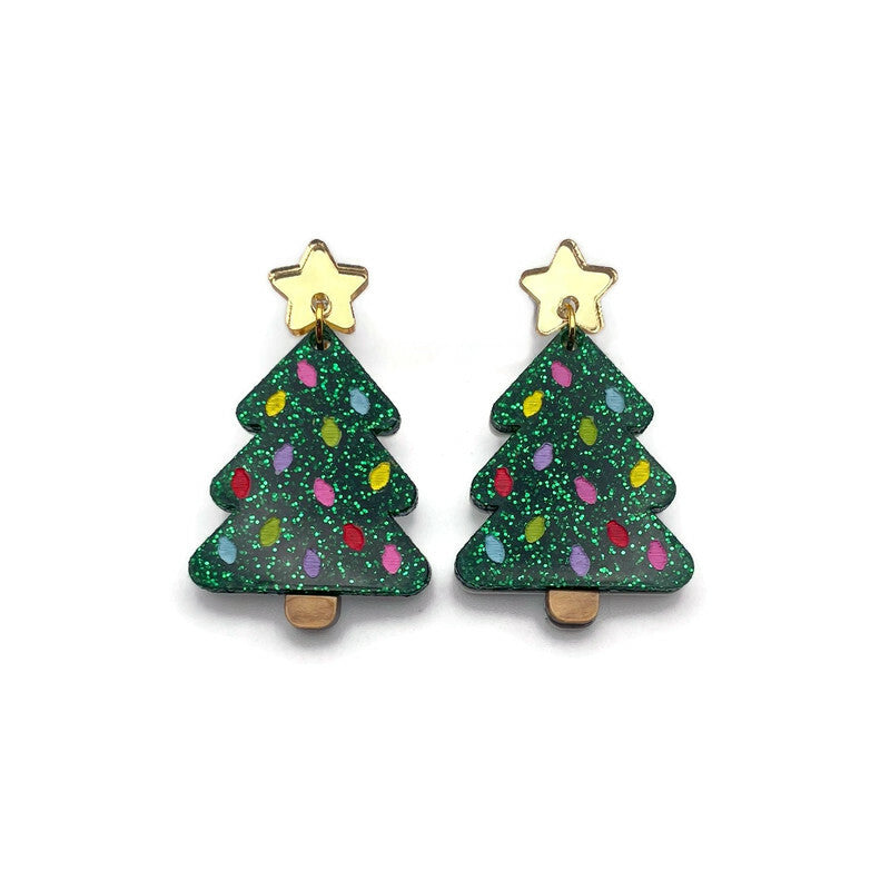 Green Glitter Christmas Tree Dangle Earrings