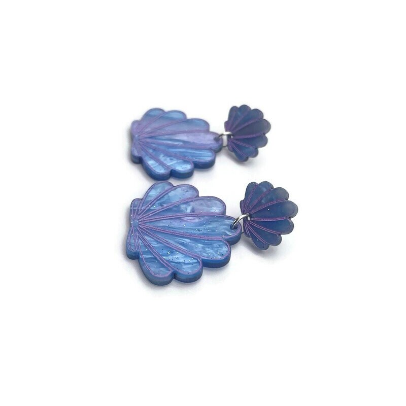 Blue Marble Seashell Dangle Earrings