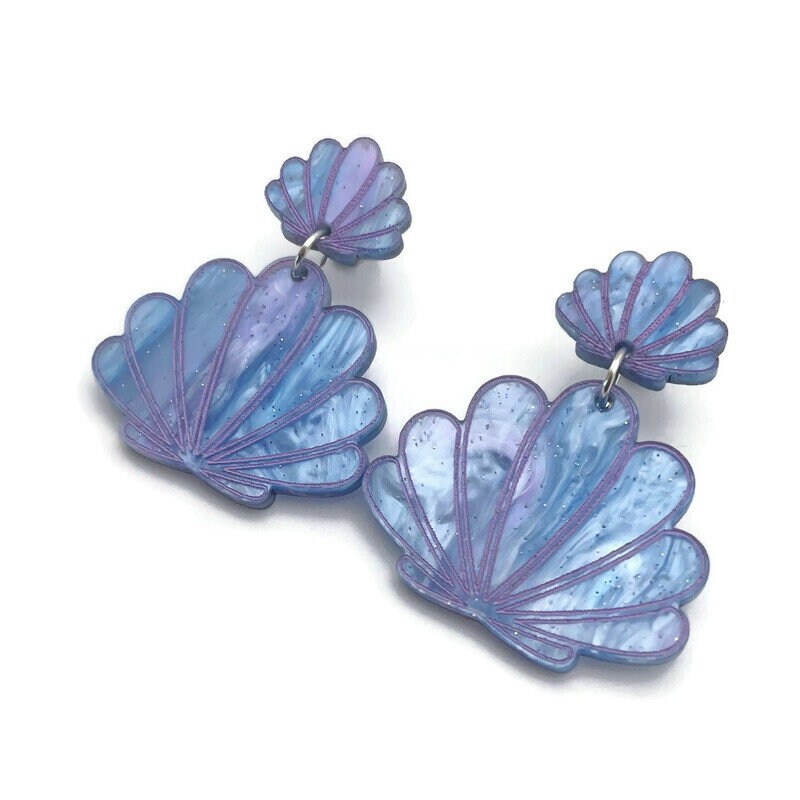 Blue Marble Seashell Dangle Earrings