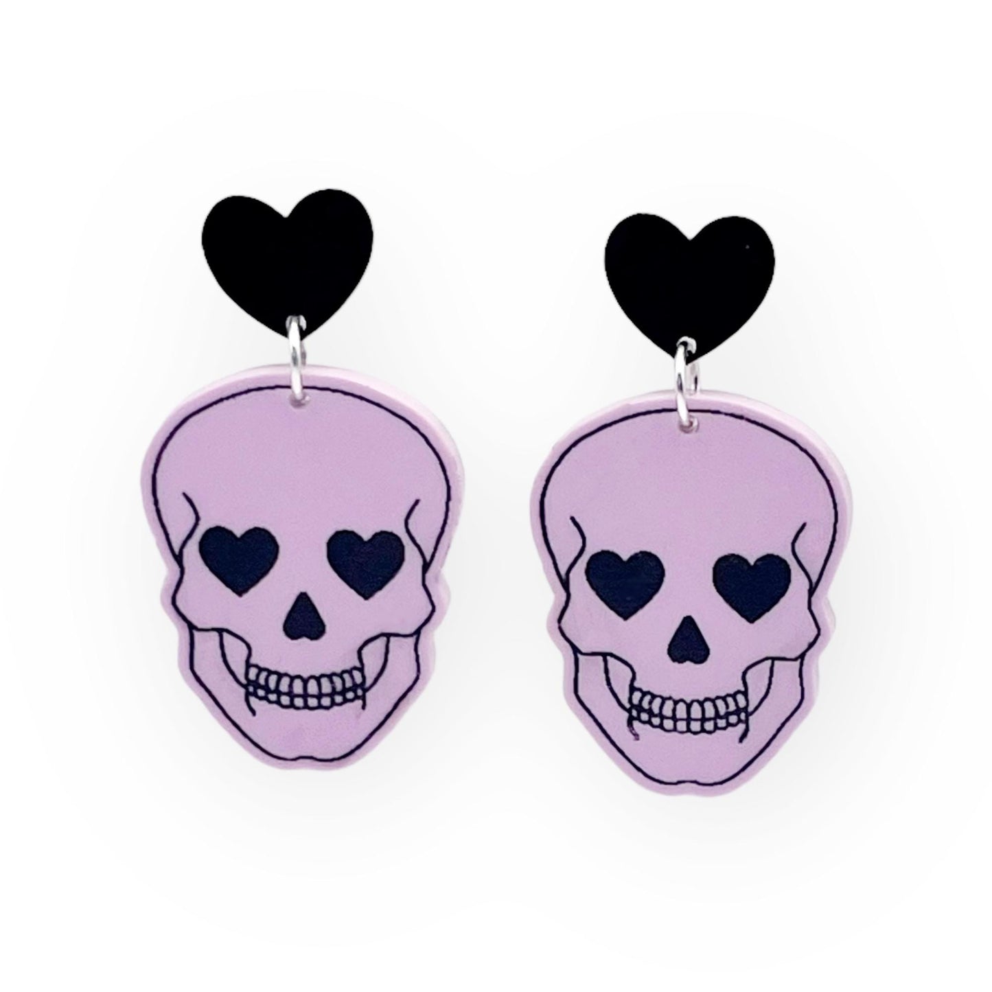 Lilac Heart Eye Skull Dangle Earrings