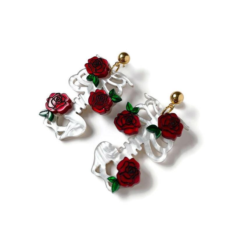 White Bones and Red Roses Dangle Earring