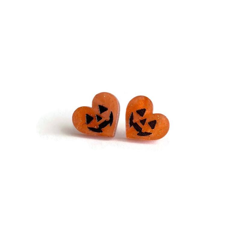 Orange Marble Jack O’ Lantern Heart Stud Earrings